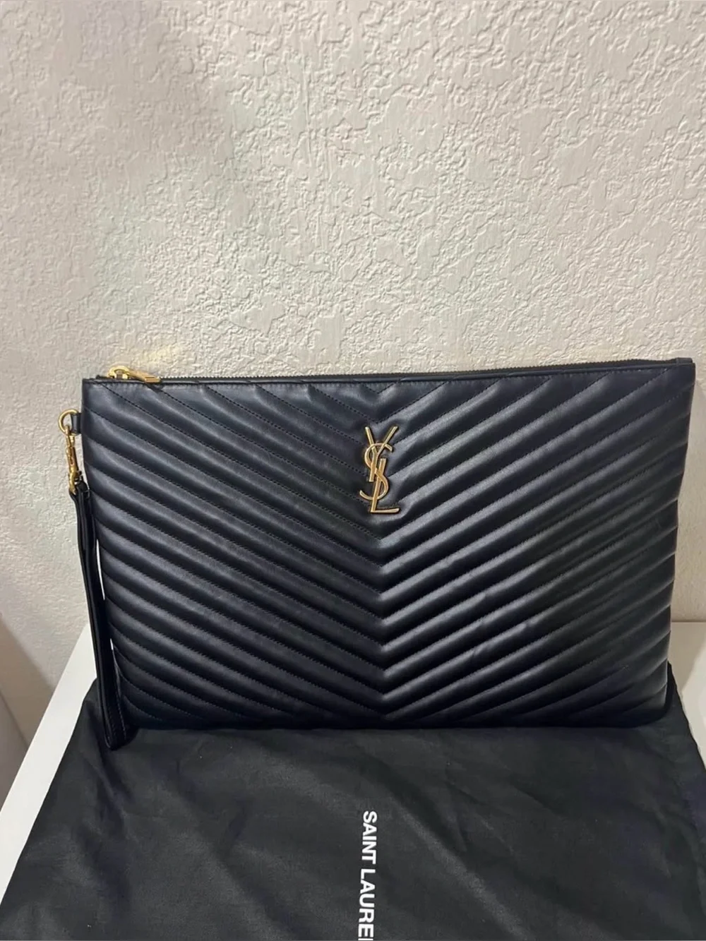 Saint Laurent Black Quilted Chevron Leather Clutch with Gold YSL